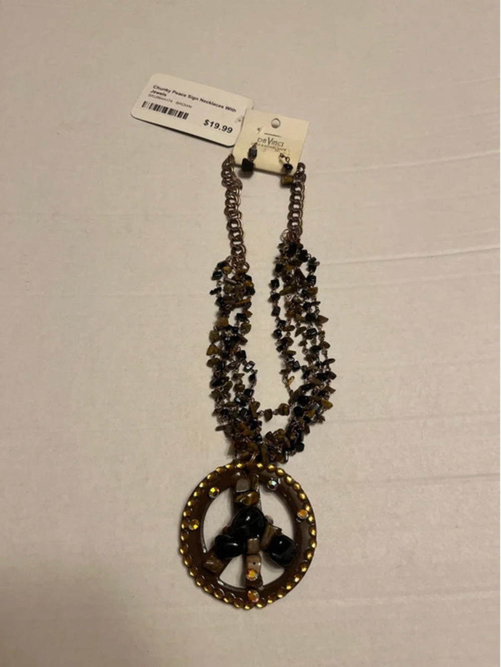 Peace, sign, necklace earrings set chunky brown